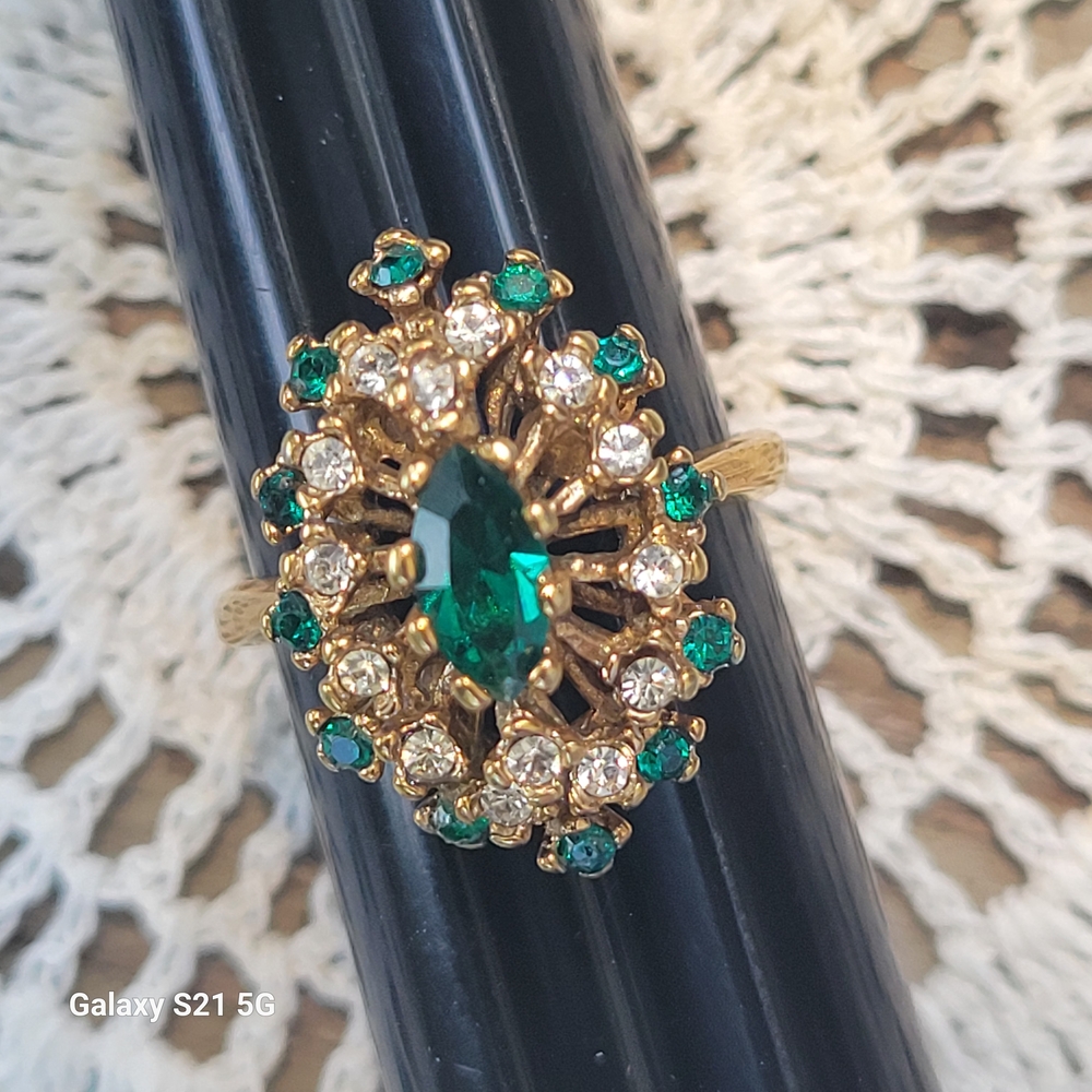 Vintage 1980 18k Gold HGE cocktail Ring.  Simulated Emeralds , CZ diamonds.
